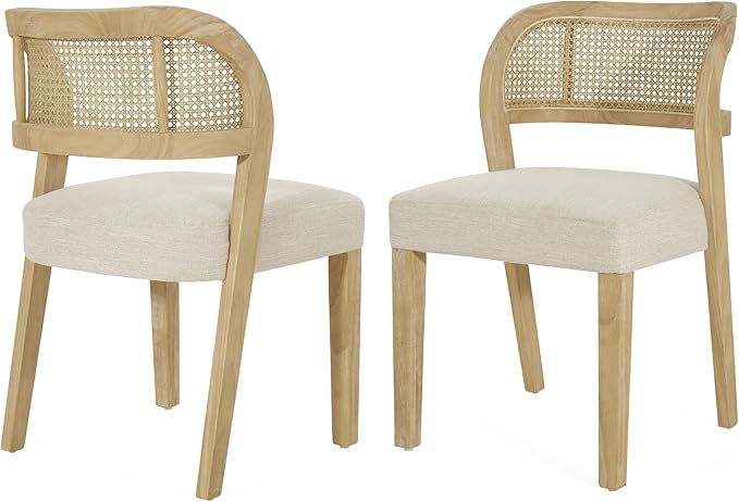 Christopher Knight Home Selwyn Dining Chairs Set of 2, Modern Dining Chair with Fabric Upholstery and Curved Back, Rubberwood Frame Kitchen Chairs with Cane Webbing, Accent Chairs, Beige+Natural