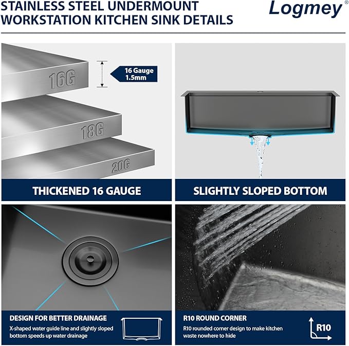 Logmey 30 Inch Drop In Kitchen Sink Workstation 30x19x9 Inch Gunmetal Black Topmount Sinks Stainless Steel 16 Gauge Overmount Kitchen Sink