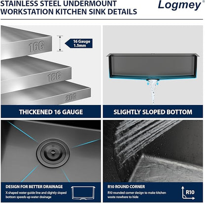 Logmey 30 Inch Drop In Kitchen Sink Workstation 30x19x9 Inch Gunmetal Black Topmount Sinks Stainless Steel 16 Gauge Overmount Kitchen Sink
