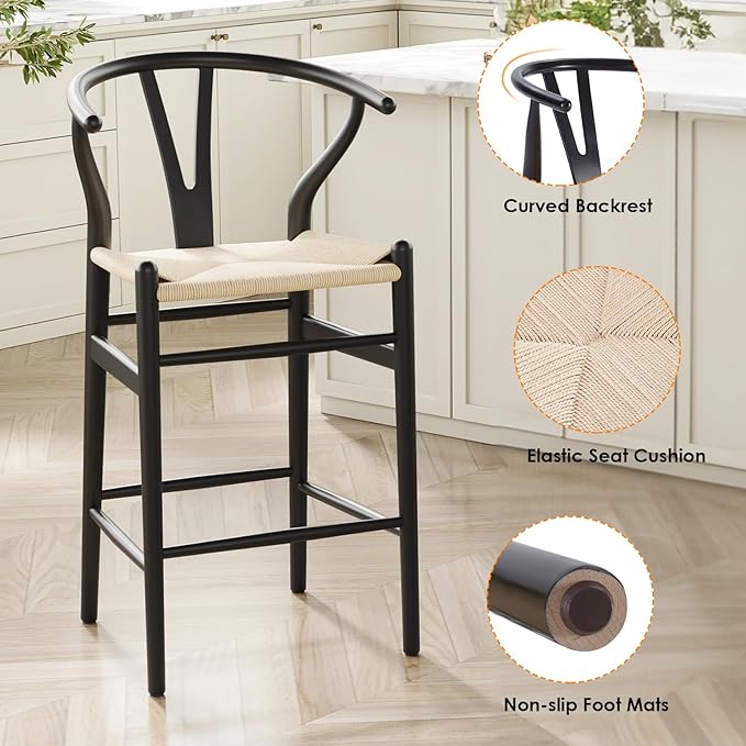 Modern Dining Chairs with Natural Weave Seat - Sturdy Construction Bar Stools for Kitchen Island, Versatile Use in Dining Room and Bedroom, Stylish Simple Design Comfortable Fully Assembled,Beige-Pape
