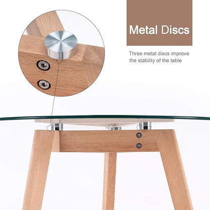 ivinta Round Dining Table for 4 People, 31.5" Modern Glass Kitchen Table with Tempered Glass Top and Wooden Legs for Dining Room, Living Room, RD-DT (Natural Wood)
