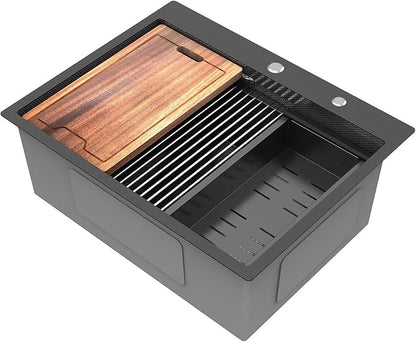 28inch Black Kitchen Sink Drop In - Feibus 28x22x10 with Double Step Workstation Sink 16 Gauge Honeycomb Embossment Stainless Steel Single Bowl