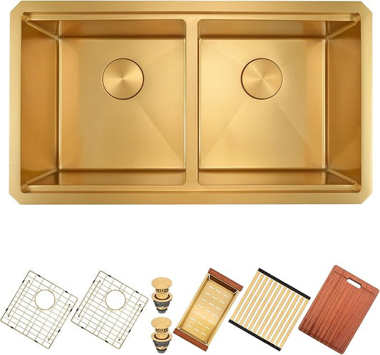 Gold Undermount Double Kitchen Sink, 16 Gauge SUS304 Stainless Steel Kitchen Sinks,50/50 Features All In One Workstation Sinks with Accessories, 30"x 18" x 10" Large and Deep Gold Double Sink
