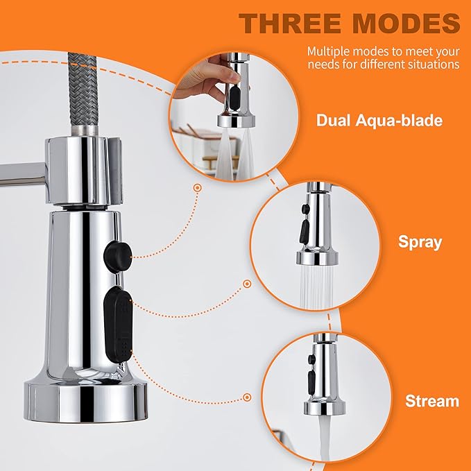 TIORIY Kitchen Faucet Head Replacement with 15 Adapters, 3 Function Pull Down Kitchen Faucet Spray Head, Pull Out Kitchen Sink Tap Sprayer Nozzle, Chrome, Plastic