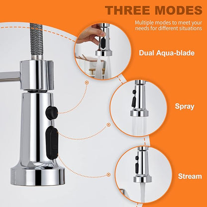 TIORIY Kitchen Faucet Head Replacement with 15 Adapters, 3 Function Pull Down Kitchen Faucet Spray Head, Pull Out Kitchen Sink Tap Sprayer Nozzle, Chrome, Plastic