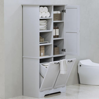 68" Tall Bathroom Storage Cabinet with One Door and Two Laundry Hampers for Home Display Organizer, Adjustable Shelf, Gray