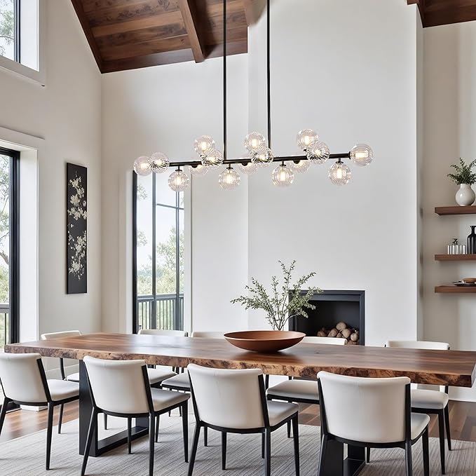 56 Inch Black Linear Chandeliers for Dining Room, Kitchen Island, Living Room, 16-Light Mid Century Modern Light Fixture Over Table, Large Clear Glass Globe Sputnik Bubble Chandelier
