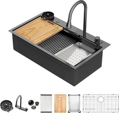 Kichae 33x19 Drop In Kitchen Sink Waterfall - Black Workstation Kitchen Sink Waterfall Stainless Steel 16 Gauge Luxury Handmade Single Bowl Drop Sinks with Faucet Combo & Glass Rinser