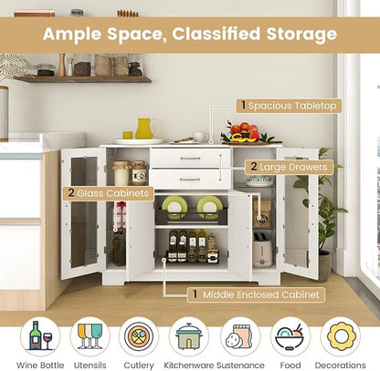 LOKO Modern Buffet Cabinet with Storage, Sideboard Credenza Cabinet with Two Drawers and Three Cabinets, Kitchen Buffet Storage Cabinet with Framed Tempered Glass Doors, 42 x 12 x 32 Inches (White)
