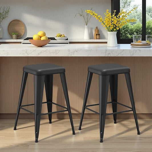 Backless Bar Stools Set of 2, Upholstered Faux Leather Counter Height Stools with Sturdy Metal Legs, 26 Inch Barstools for Kitchen Island (Black)