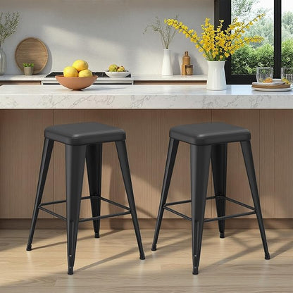 Backless Bar Stools Set of 2, Upholstered Faux Leather Counter Height Stools with Sturdy Metal Legs, 30 Inch Barstools for Kitchen Island (Black)