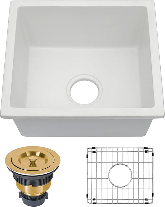 White Bar Sink Undermount,15 X 17 inch Small Composite Bar Sink,Granite Kitchen & Bar Sinks (White, 15" X 17")