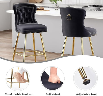 Luxurious Velvet Counter Height Bar Stools Set of 2 with Metal Legs, Button Tufted, Nailheads Trim, Wing-Back Bar Chairs for Kitchen Island Dining Room Pub(Black)