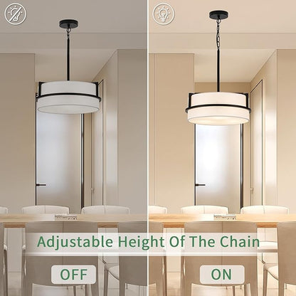 Modern Drum Chandelier for Dining Room 3 Light,15.7" Wide White Linen Drum Shade Ceiling Light Fixture,Pendant Lighting with Adjustble Hang Height Chandelier for Kitchen Islands Living Bedroom