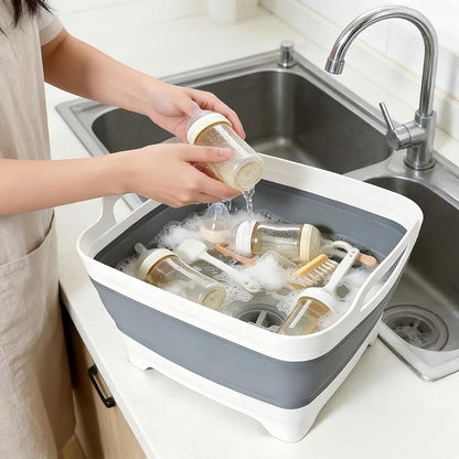 FOSJGO Collapsible Dish Basin with Drain Plug, 2.4 Gal(9L) Space Saving Multiuse Foldable Sink for Baby Bottles, Kitchen Camping Dish Tub for Vegetable Washing and Beverage Tubs