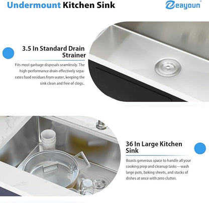 36 Inch Undermount Kitchen Sink Workstation 16 Gauge Stainless Steel Handmade Sink Round Corners Single Bowl Large Deep Under Counter Kitchen Sinks Basin, 36"x19"x9"