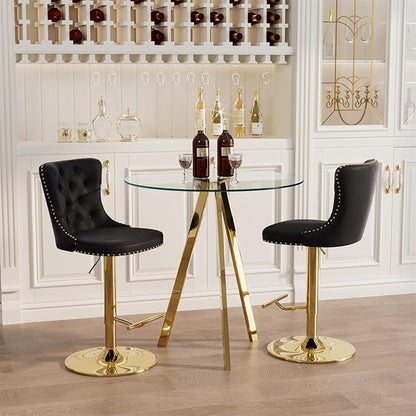 yeag 31.5'' Modern Round Glass Bar Table Set for 2, Luxury Gold Bistro Pub Table & 2 Adjustable Metal Bar Stools Velvet Swivel Counter Height Stools (Gold Metal Legs, Clear Top + Black Chair)