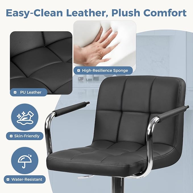 DUMOS Bar Stools Set of 4, Adjustable Swivel Bar Chairs with Padded Armrests and Ergonomic Backrest for Kitchen Island Counter Pub Dining Room, Water-Resistant PU Leather, Black