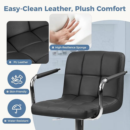 DUMOS Bar Stools Set of 4, Adjustable Swivel Bar Chairs with Padded Armrests and Ergonomic Backrest for Kitchen Island Counter Pub Dining Room, Water-Resistant PU Leather, Black