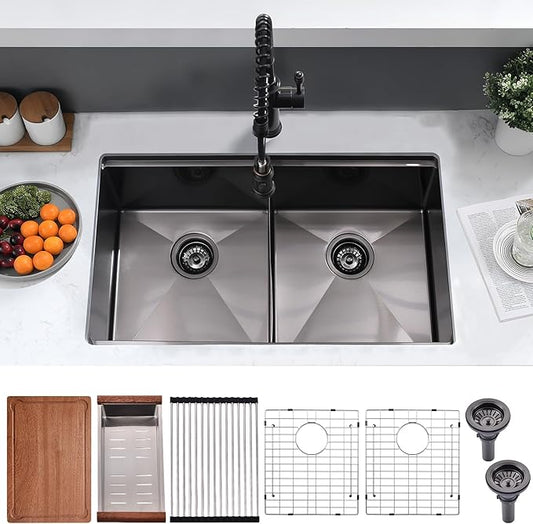 33 Inch Black Double Bowl Kitchen Sink Undermount- 16 Gauge Stainless Steel Undermount Workstation Kitchen Sink Double Bowl 50/50, 33x19 Inch