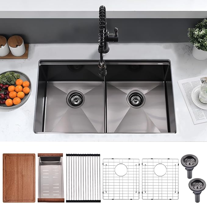 30 Inch Black Undermount Double Bowl Kitchen Sink - 16 Gauge Stainless Steel Undermount Workstation Kitchen Sink Double Bowl 50/50, 30x19 Inch