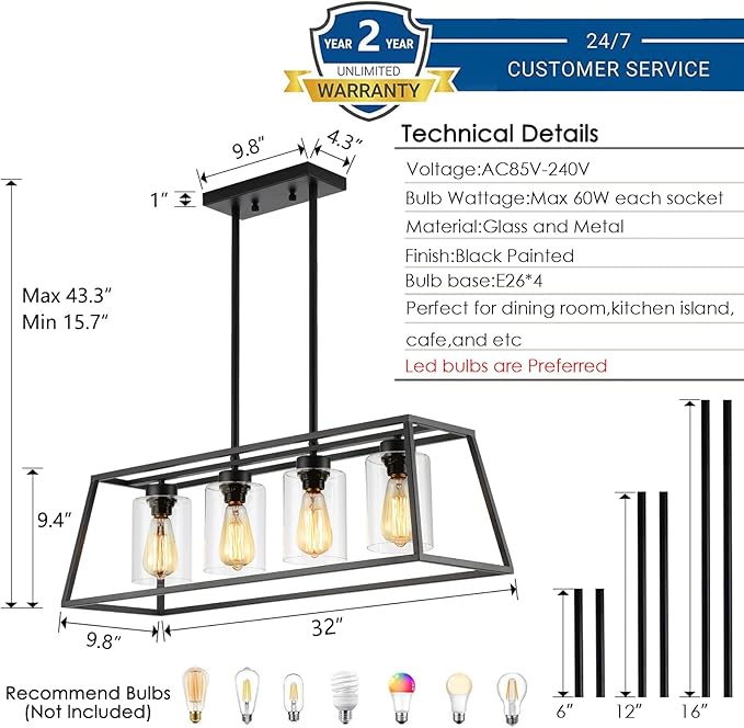 Black Farmhouse Chandeliers for Dining Room, Rustic Kitchen Island Light Fixture, 4-Lighting Linear Pendant Lamp Kitchen Island with Glass Shade ，Apply to Dining Room Light fixtures Over Table