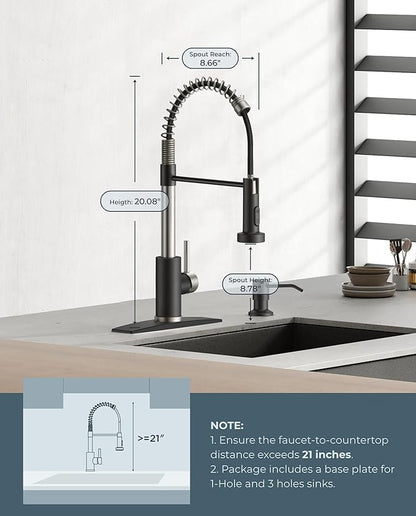 FORIOUS Kitchen Faucet with Soap Dispenser, Stainless Steel Spring Sink Faucet with Pull Down Sprayer Transitional Single Handle for Pot Filler, Farmhouse Camper Bar Laundry Room, Black Brushed