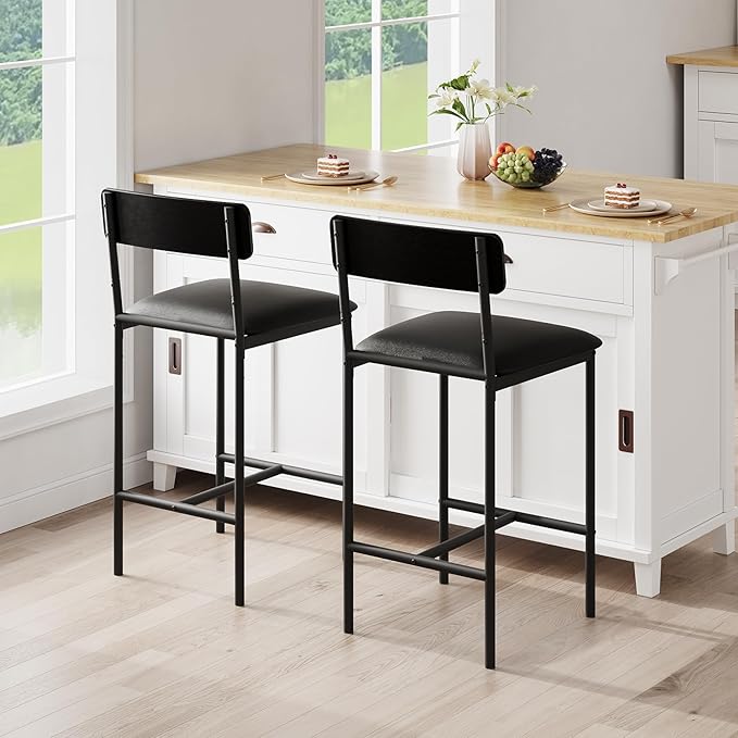 GAOMON Bar Stools Set of 2, Kitchen Bar Stools with Footrest, Black Metal Frame Upholstered PU Leather Bar Chairs with Footrest for Kitchen Island Home, Easy Assembly,Black