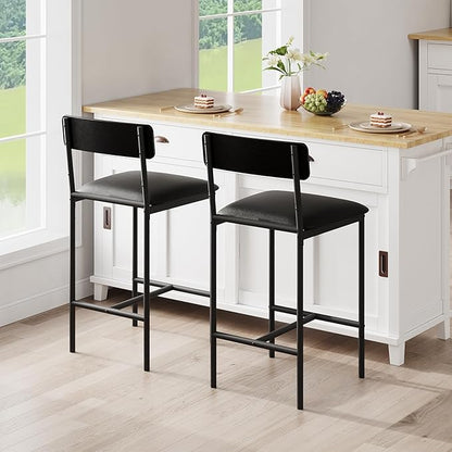 GAOMON Bar Stools Set of 2, Kitchen Bar Stools with Footrest, Black Metal Frame Upholstered PU Leather Bar Chairs with Footrest for Kitchen Island Home, Easy Assembly,Black