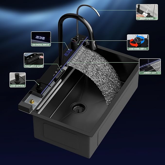 30 Inch Waterfall Kitchen Sink - Beslend 30x19 Drop In Waterfall Sink Nano Black Workstation Smart Sinks 16 Gauge Stainless Steel Single Bowl Black Basin with Faucet Combo