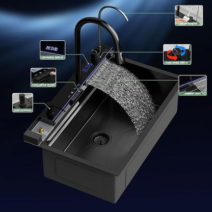 30 Inch Waterfall Kitchen Sink - Beslend 30x19 Drop In Waterfall Sink Nano Black Workstation Smart Sinks 16 Gauge Stainless Steel Single Bowl Black Basin with Faucet Combo
