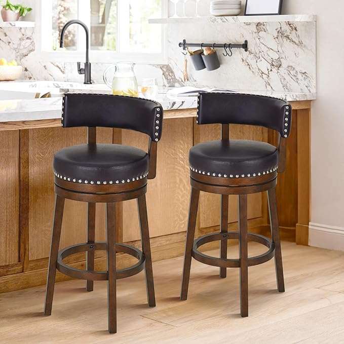 COLAMY Swivel Bar Stools Set of 2, 30 Inch Swivel Bar Height Bar Chairs, Modern Upholstered Wood Barstools with Back for Kitchen Island Dining Room, Dark Brown