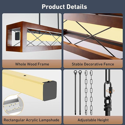 31.5" Farmhouse Kitchen Island Lighting, Rustic Wood Linear Chandeliers for Dining Room Light Fixture, 30W LED Dimmable Rectangular Pendant Lights for Kitchen Island Over Table with Remote