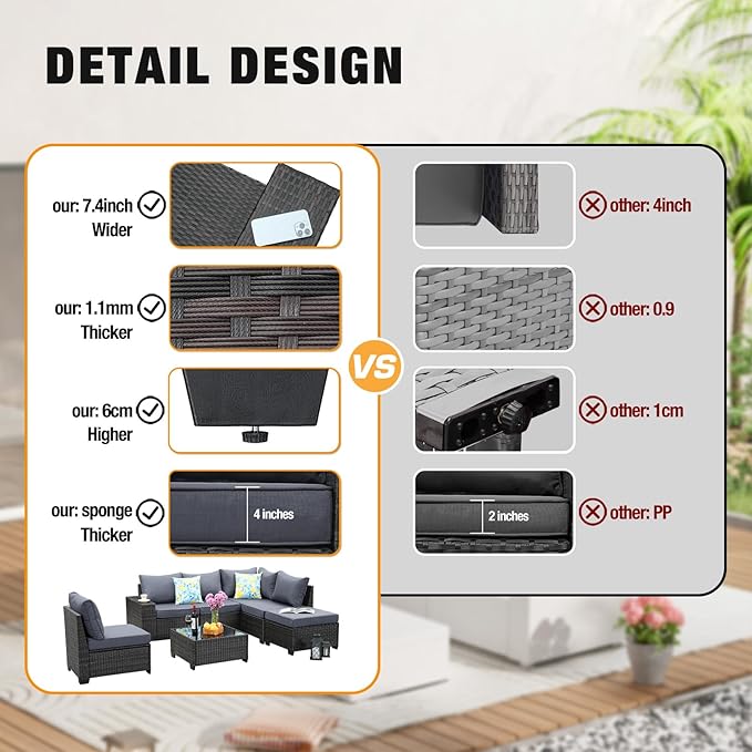 JOYURE 7 Pieces Patio Furniture Set All-Weather Outdoor Wicker Sectional Conversation Sofa Rattan Patio Seating Sofa with Cushion and Glass Table for Porch Poolside,Grey