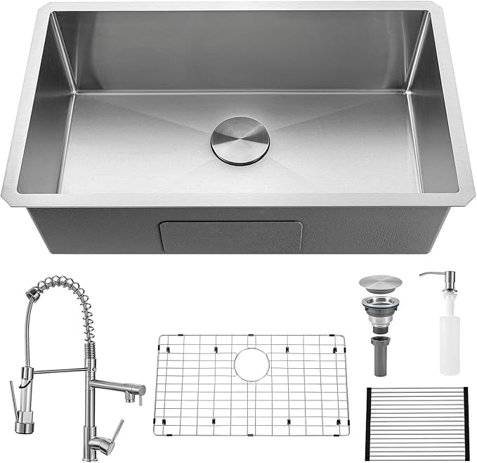 Kitchen Sink 30 Inch Undermount Kitchen Sink with Faucet Combo Modern Single Bowl Workstation Sinks Under Mount Stainless Steel Deep kitchen Sinks