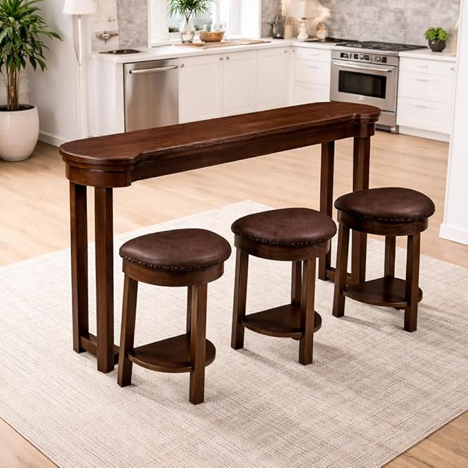 Bar Table and Chairs Set of 4 with 3 PU Upholstered Bar Stools, Breakfast Bar Table, Solid Wood Bar Height Dining Table Set, for Kitchen, Living Room, Party Room, Small Space (Cherry)