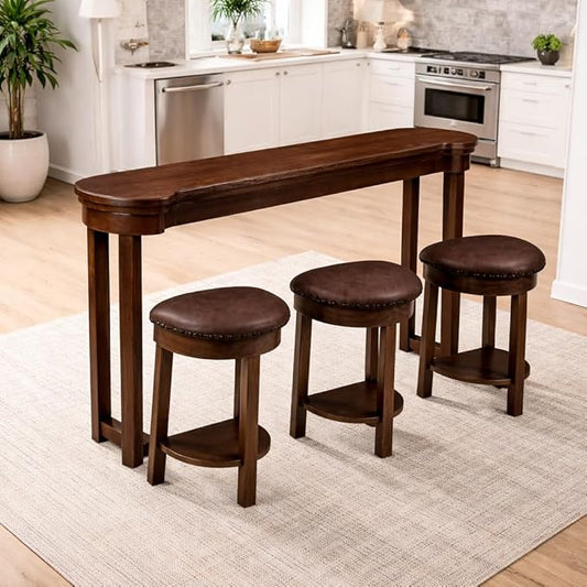 Bar Table and Chairs Set of 4 with 3 PU Upholstered Bar Stools, Breakfast Bar Table, Solid Wood Bar Height Dining Table Set, for Kitchen, Living Room, Party Room, Small Space (Cherry)