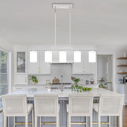 Brushed Nickel Island Lights for Kitchen, 5-Light Modern Dining Room Light Fixtures Over Table Glass Penadnt Lights Adjustable Kitchen Hanging Light Fixtures Linear Farmhouse Chandeliers Over Island