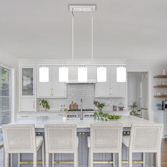 Brushed Nickel Island Lights for Kitchen, 5-Light Modern Dining Room Light Fixtures Over Table Glass Penadnt Lights Adjustable Kitchen Hanging Light Fixtures Linear Farmhouse Chandeliers Over Island