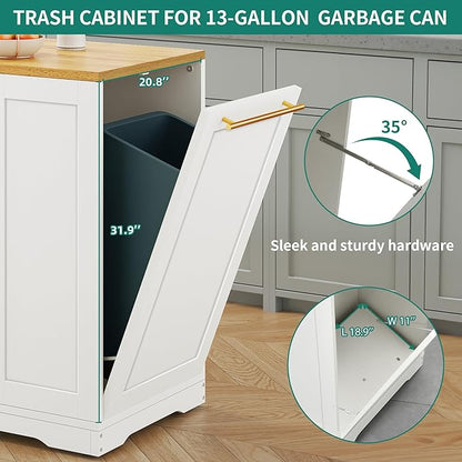 YITAHOME 53 inch Large Rolling Kitchen Island with Trash Can Storage Cabinet, Portable Mobile Islands Table Long Floating Movable w Wheels Cabinet for 13 Gallon Garbage Bin 2 Drawer, White Oak