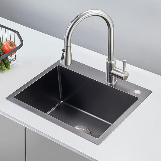MENATT 24 Inch Drop-in Single Bowl Kitchen Sink Black, 304 Stainless Steel Handmade Topmount Kitchen Bar Residential Sink, D24"xW18"xH9"