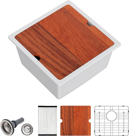 Dcolora 18 In. Undermount Granite Composite Bar Sink Single Bowl Workstation, White Quartz Kitchen Sink, 18" x 18" x 10" #DC-GU0001WS