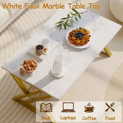Wolawu Coffee Table Living Room Table with Storage Shelf, White Table Simple Modern Faux Marble Rectangular Tables with Sturdy Gold Metal Frame,Industrial Wooden Coffee Table for Bedroom Home Office