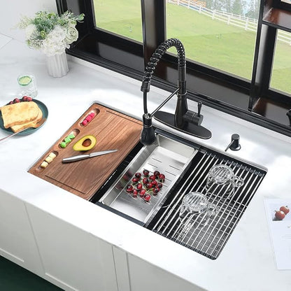 28 Inch Black Undermount Kitchen Sink Workstation-iAnomla 28x18 Kitchen Sink Undermount 16 Gauge Deep Stainless Steel Single Bowl Undermount Workstation Sink with Cutting Board