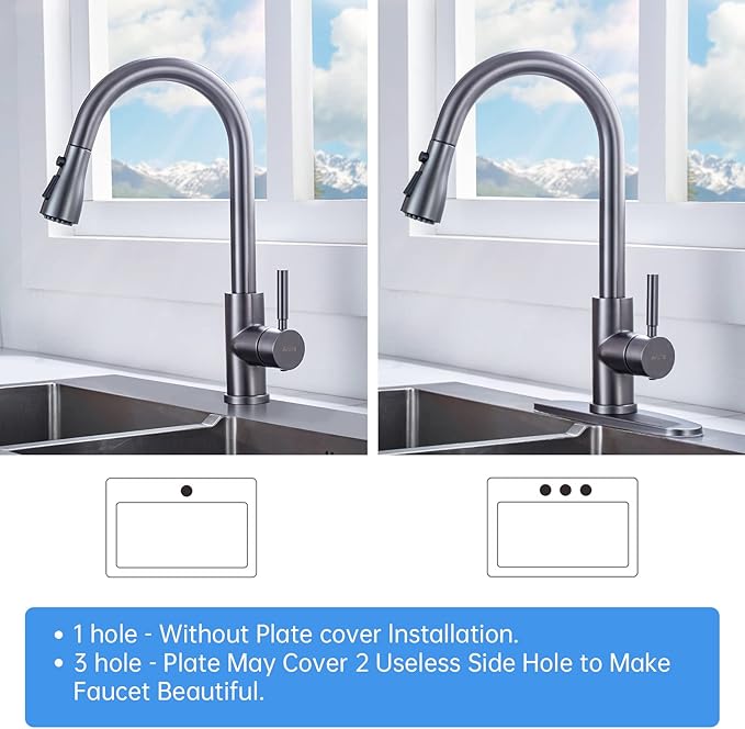 Black Stainless Kitchen Faucet, Arofa Gray Kitchen Faucet with Pull Down Sprayer Single Handle One Hole 3 Hole Commercial Rv Faucet for Kitchen Sink Gun Black