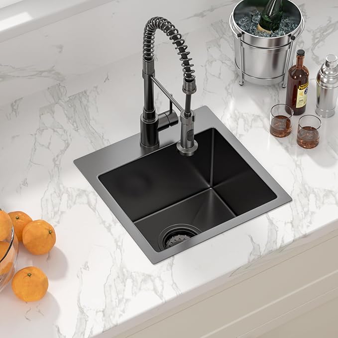 Sarlai 15 Black Drop Bar Sink - 15 x 15 Inch Bar Sink Drop In Topmount Square Gunmetal Black Stainless Steel 16 Gauge Single Bowl Drop Bar Prep RV Kitchen Sink
