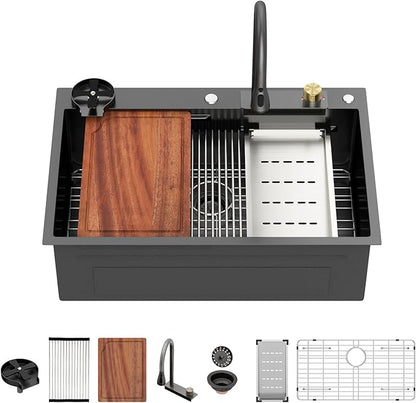33 Inch Black Waterfall Kitchen Sink - Beslend 33x22 Drop In Waterfall Sink Nano Black Workstation Smart Sinks 16 Gauge Stainless Steel Single Bowl Dish Basin with Faucet Combo