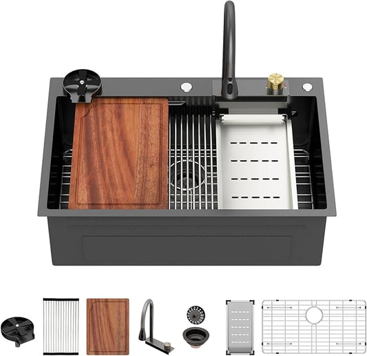 33 Inch Black Waterfall Kitchen Sink - Beslend 33x22 Drop In Waterfall Sink Nano Black Workstation Smart Sinks 16 Gauge Stainless Steel Single Bowl Dish Basin with Faucet Combo