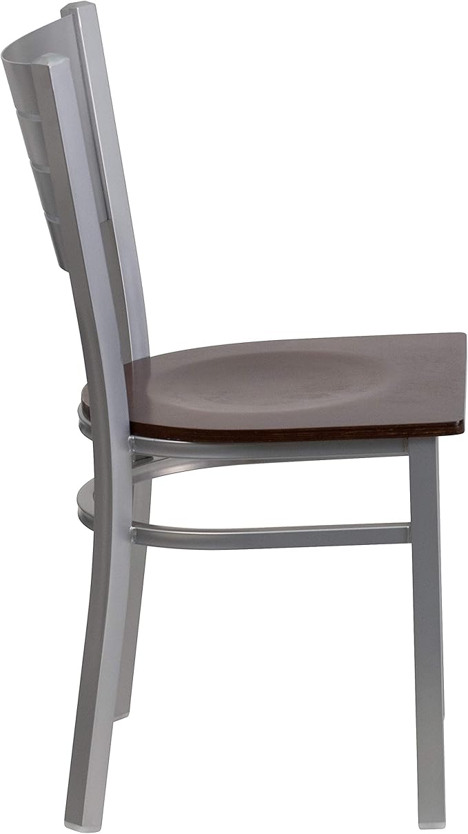 Flash Furniture HERCULES Series Silver Slat Back Metal Restaurant Chair - Walnut Wood Seat