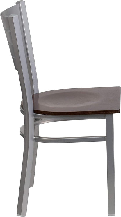Flash Furniture HERCULES Series Silver Slat Back Metal Restaurant Chair - Walnut Wood Seat
